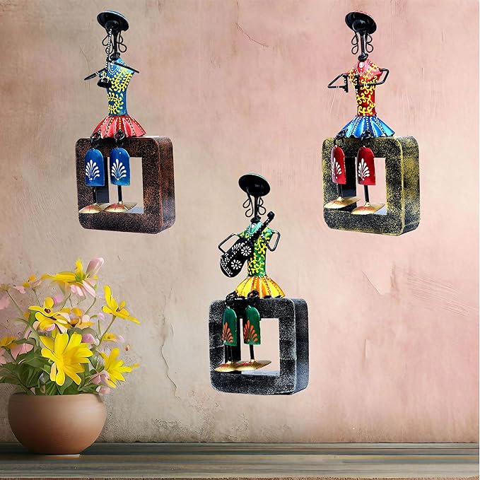 metal and wood wall hanging statues